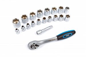 HBM 3/8" PROFI ratel met 19 doppen en verlengstuk